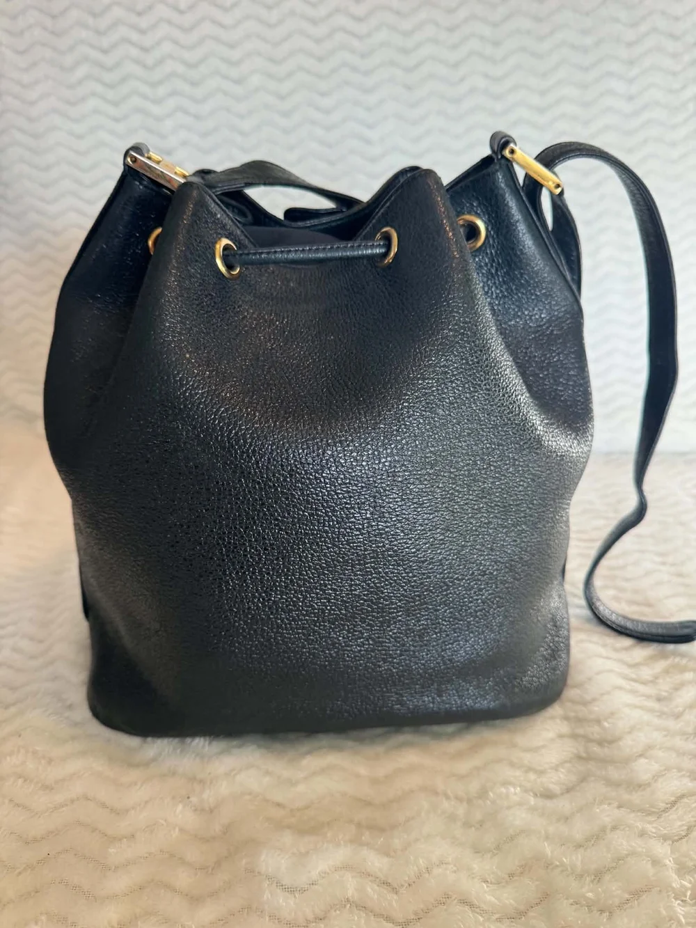 MCM Black Pebbled Leather Drawstring Hobo with Gold Hardware